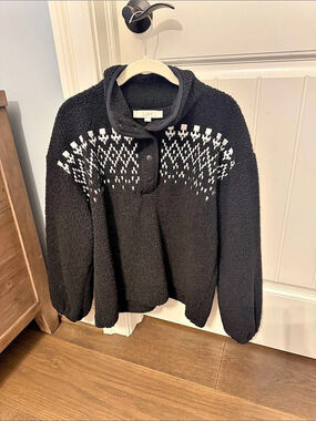 LOFT Black and White Fair Isle Faux Sherpa Snap Collar Sweater Medium